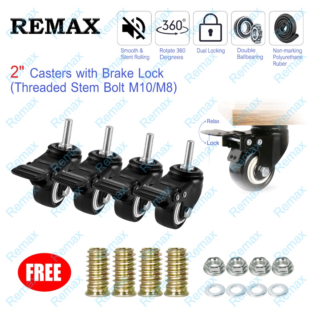 2" Heavy Duty Swivel Rigid Brake Castor M8/M10 Caster Roller Wheels