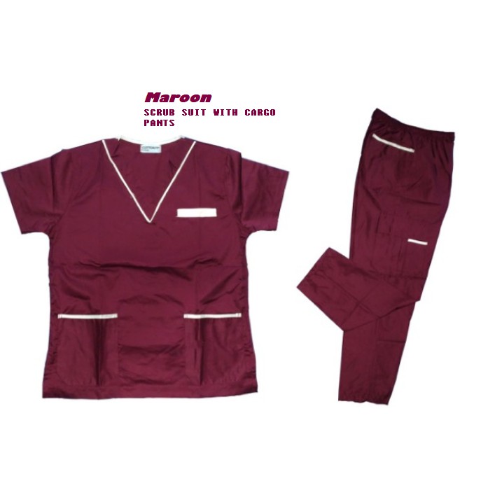 (SNP) Maroon Scrub Suit with Cargo Pants Set (Cream Piping) | Shopee ...
