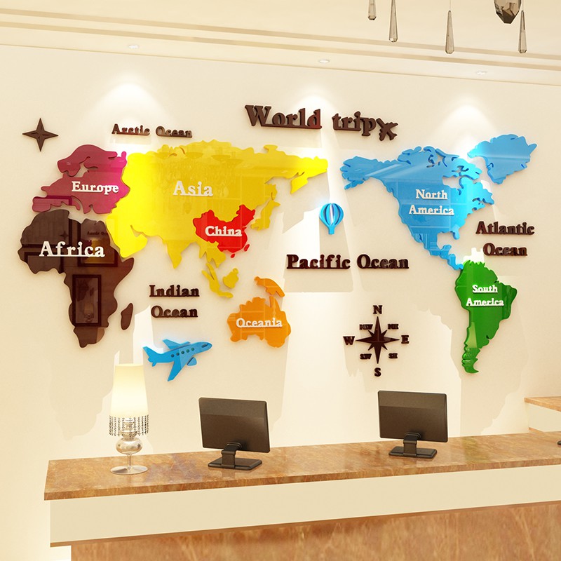 World map wall stickers acrylic 3d large living room
