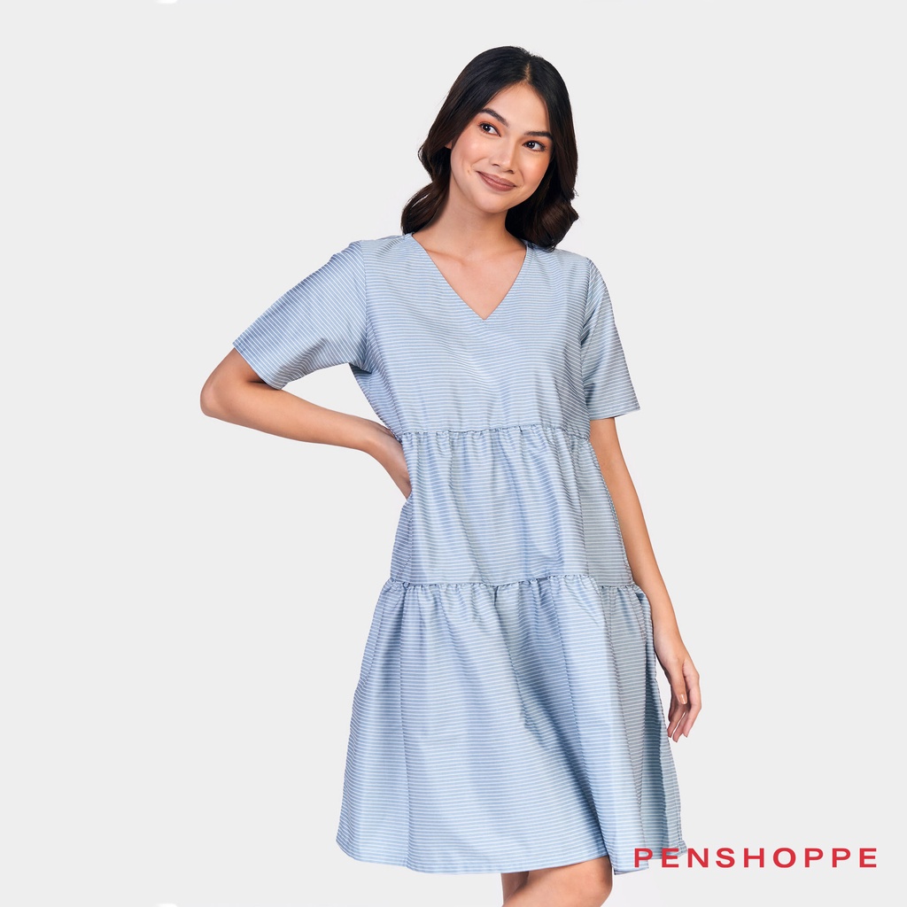 Penshoppe V-Neck Striped Tiered Casual Dress For Women (Light Blue ...