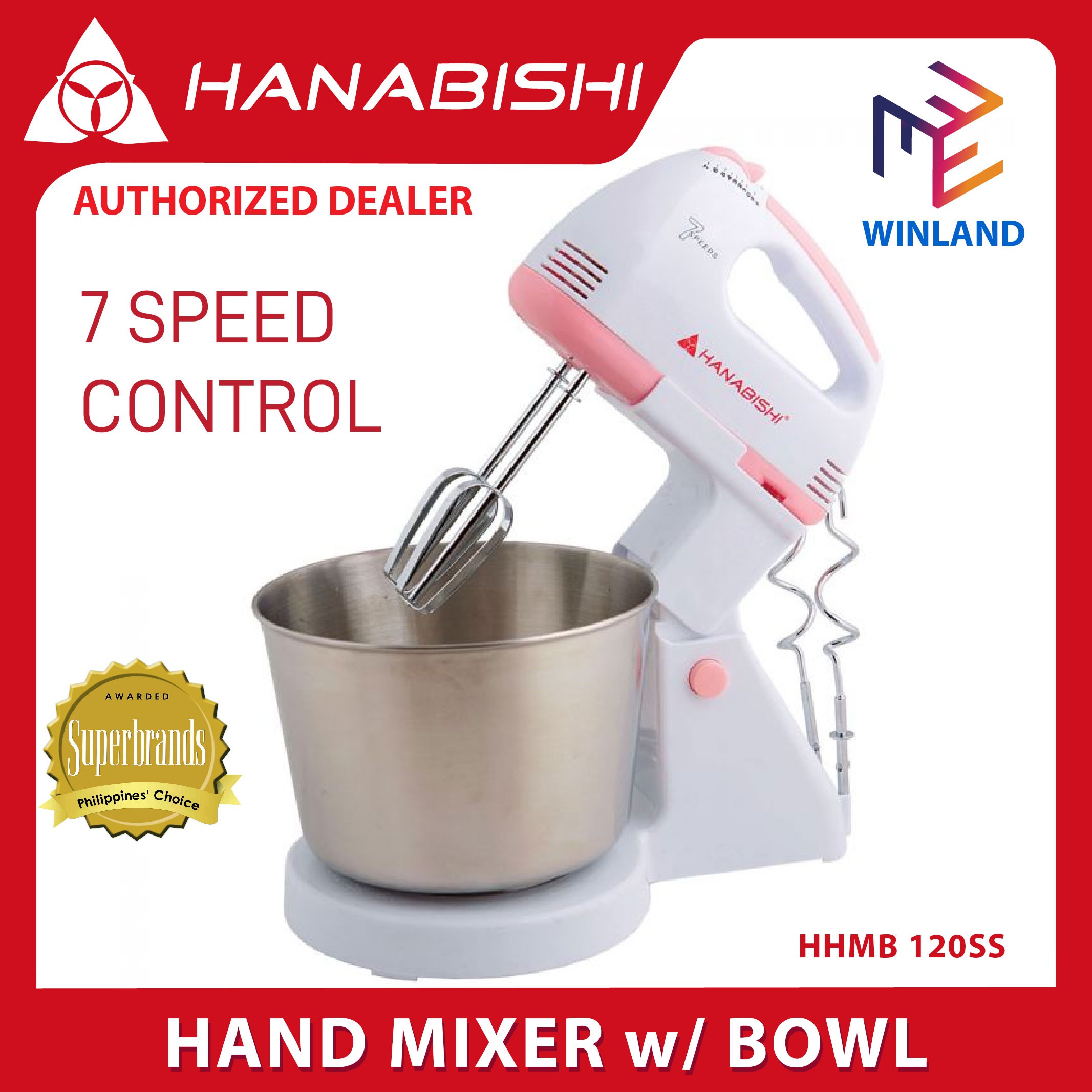 Hanabishi Original Stainless Bowl Hand Mixer w/ 7 Speed Control HHMB