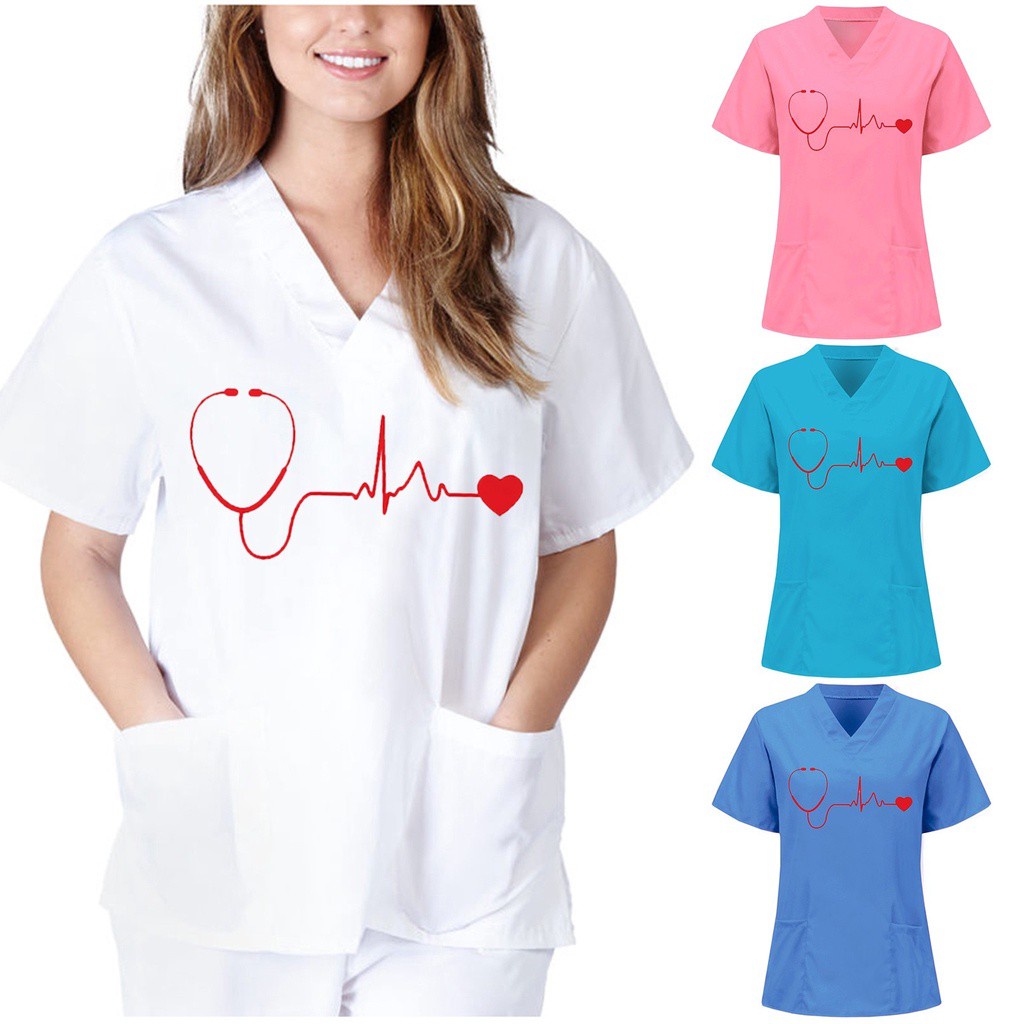 White Nurse Accessories Women Shirts Tops Short Sleeve V-neck Tops ...