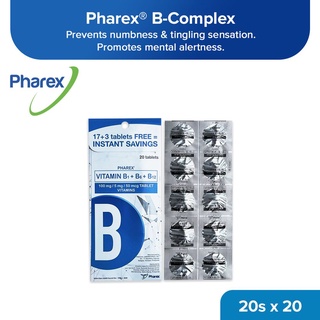 Pharex B-Complex Vitamin B1+B6+B12 100mg/5mg/50mcg 17+3 Tablets Tipid Pack Set of 20 (Nerve Health)