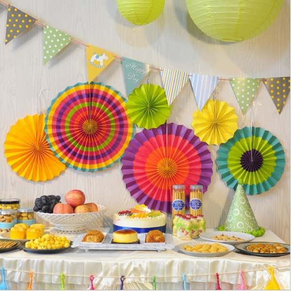 6 In 1 Rainbow Colour Paper Fan Flower Decoration Set Birthday