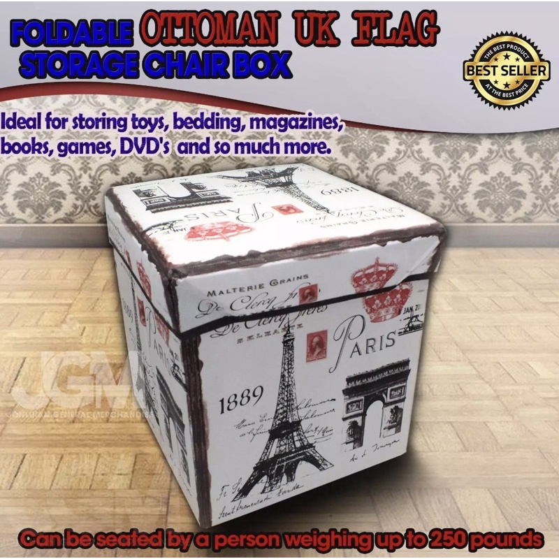 PARIS STORAGE BOX High Quality and New Improved Foldable Ottoman Eiffel Tower Paris 1889