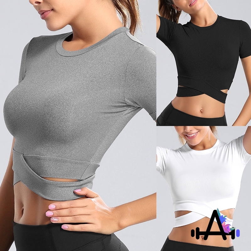 Women Yoga Top Sport Running Shirts Sexy Exposed Navel Yoga T Shirts