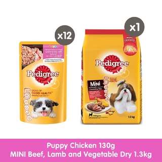 PEDIGREE Dog Food Puppy Chicken Chunks in Gravy 130g 12 Pouch + Mini Beef Lamb and Vegetable 1.3Kg