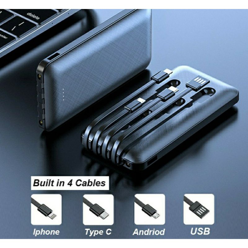 Original Slim Power Bank 20000mah 30000mah Portable Fast Charging Built In 4 Cables Torch 1875