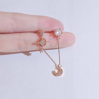 [Jiuduolan] 18K Gold Ladies Earrings, Moon Long Stud Asymmetrical Star Clip-On 925 Silver Needle Elegant Zircon Earrings