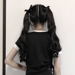 JK wig female high double ponytail lolita Japanese tie style long curly ...