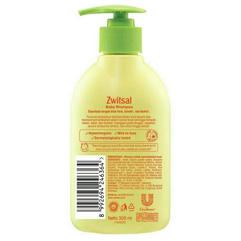 Zwitsal Baby Shampoo Natural Aloe Vera Candlenut Celery 300ml NIDU 