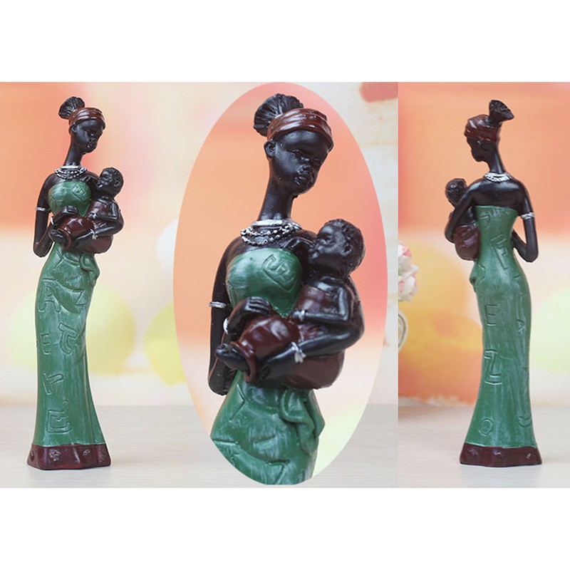 3pcs African Sculpture Tribal Lady Beauty Figurines Statues Tabletop 7inch Green
