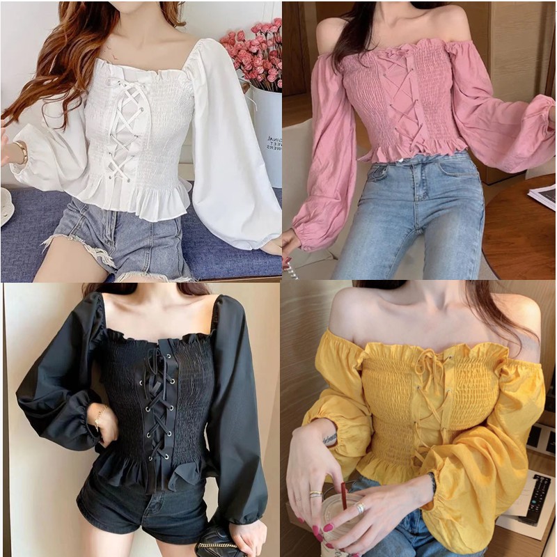 Chiffon Korean-Style off-Shoulder Long Sleeve Tops Ribbon Crop Shirt ...