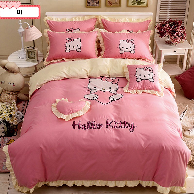 Color : HelloKitty1, Size : 5feet-6.6feet Four-Piece Set of Cartoon Hellokitty Bedding for Little Princess Quilt Cover and Pillowcase Bed Sheet 