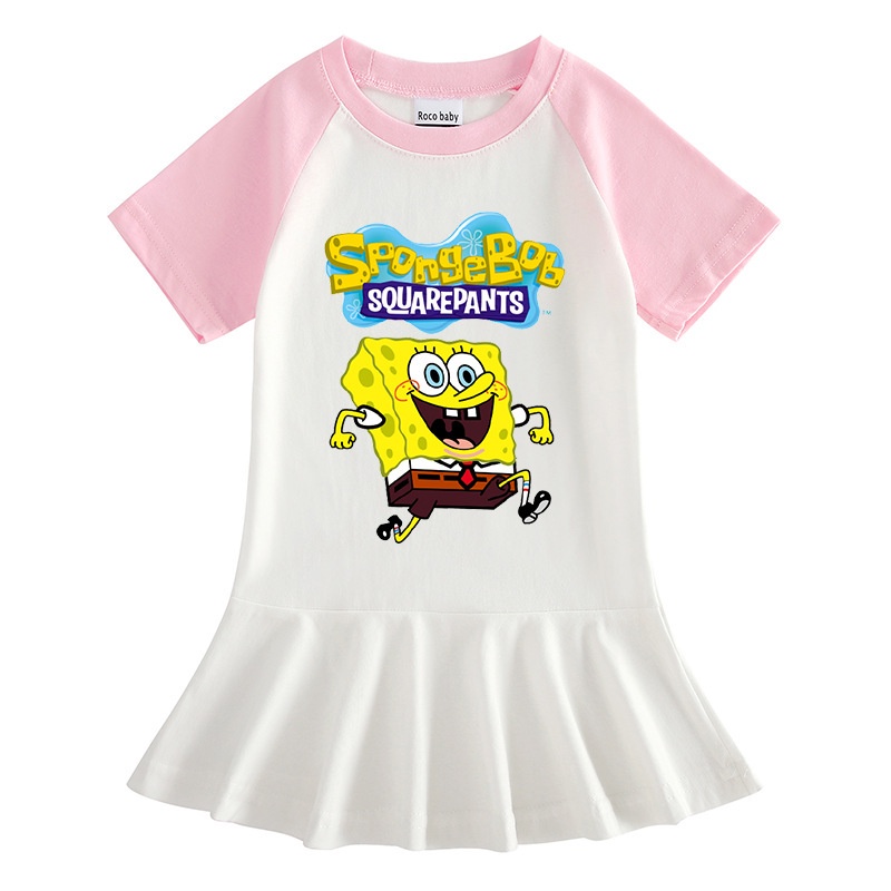 SpongeBob Printed Anime Cartoon Color Patchwork Pleated Short Sleeves ...