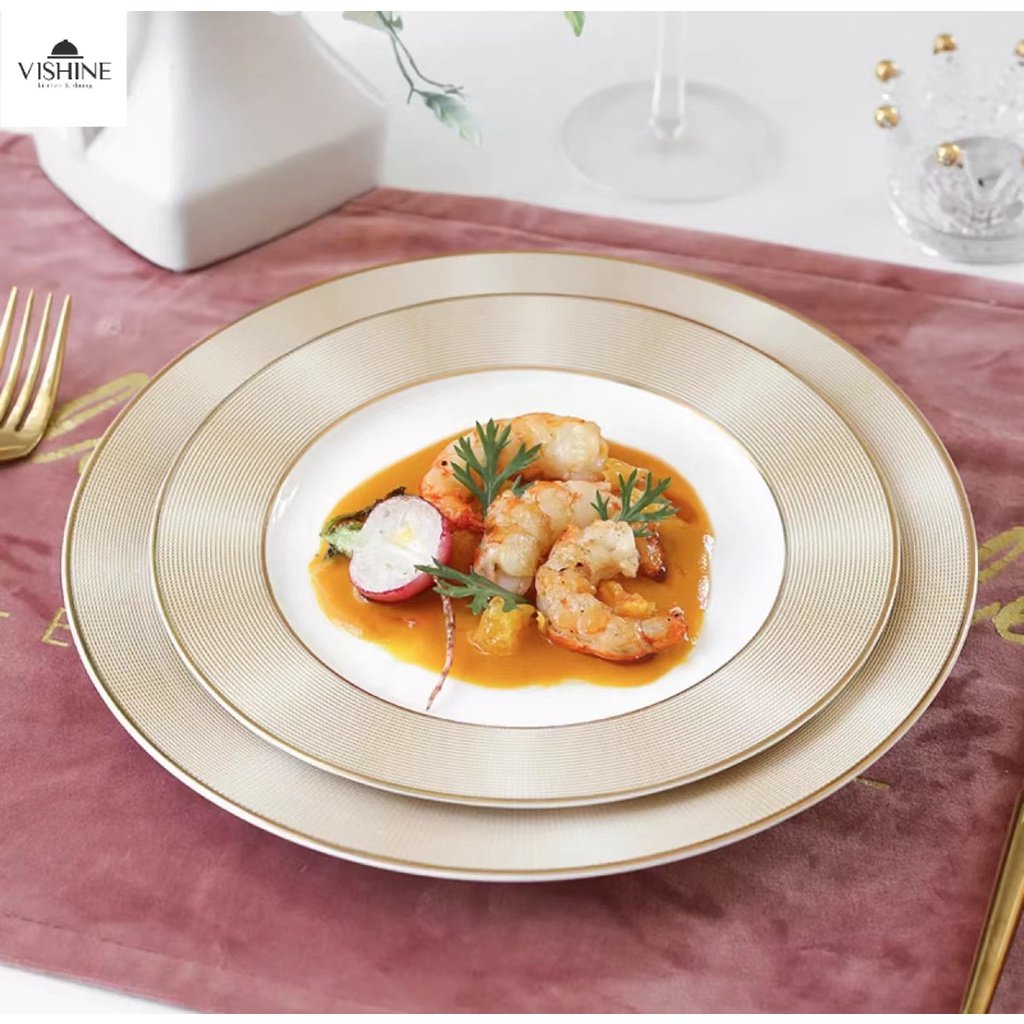 One Set 8-inch And 10-inch Ceramic Phnom Penh Embossed Flat Plate Bone China With Gift Box