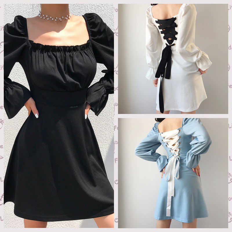 long sleeve open back black dress