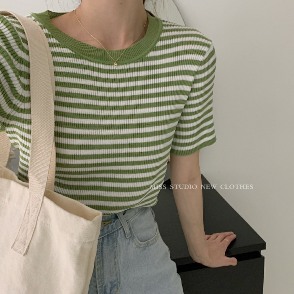 Xiaozhainv Korean Style Fashion Striped Short Sleeved T Shirt Women Slim Thin Knitted Top 6675