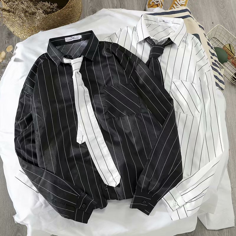 black and white striped shirt with tie