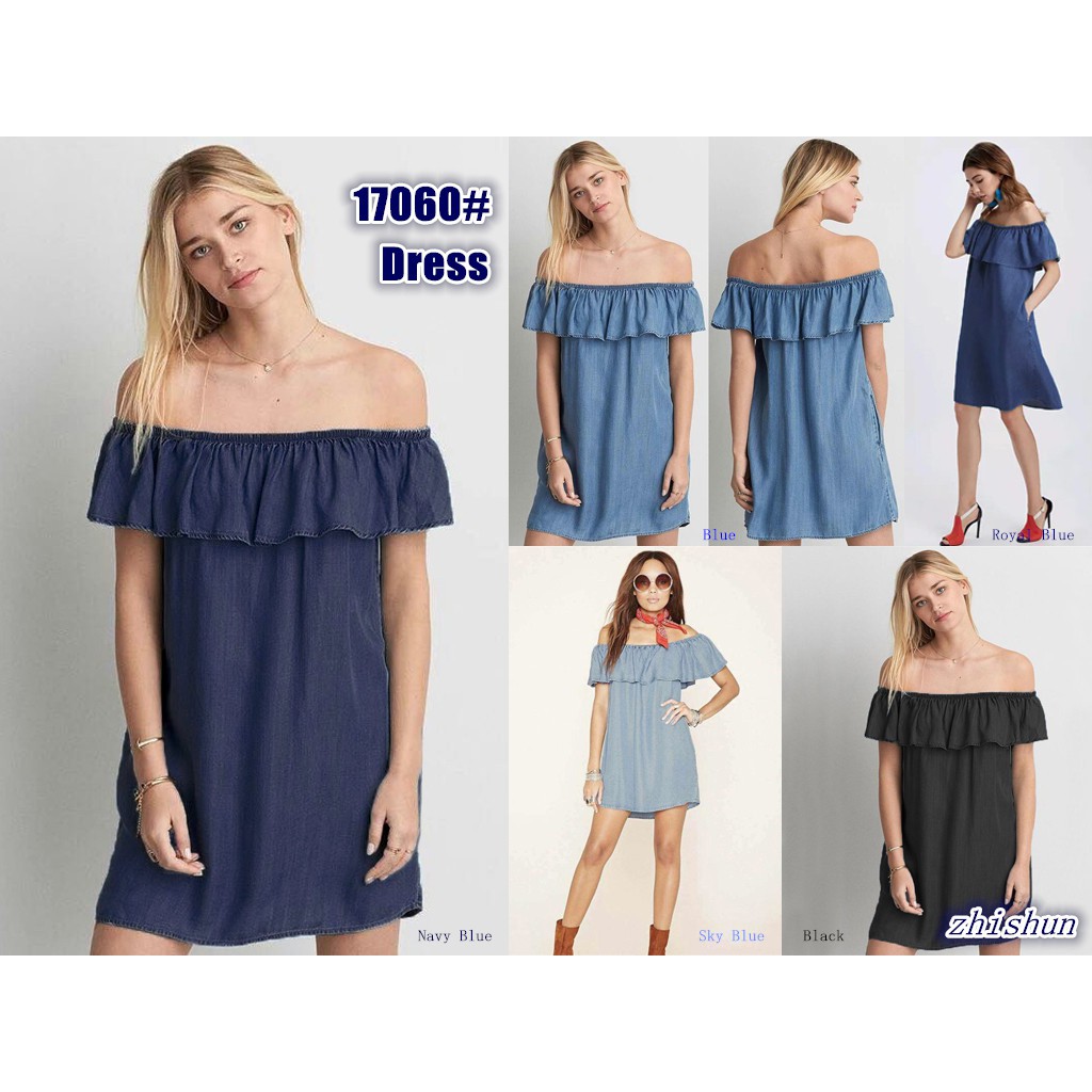 off the shoulder black denim dress