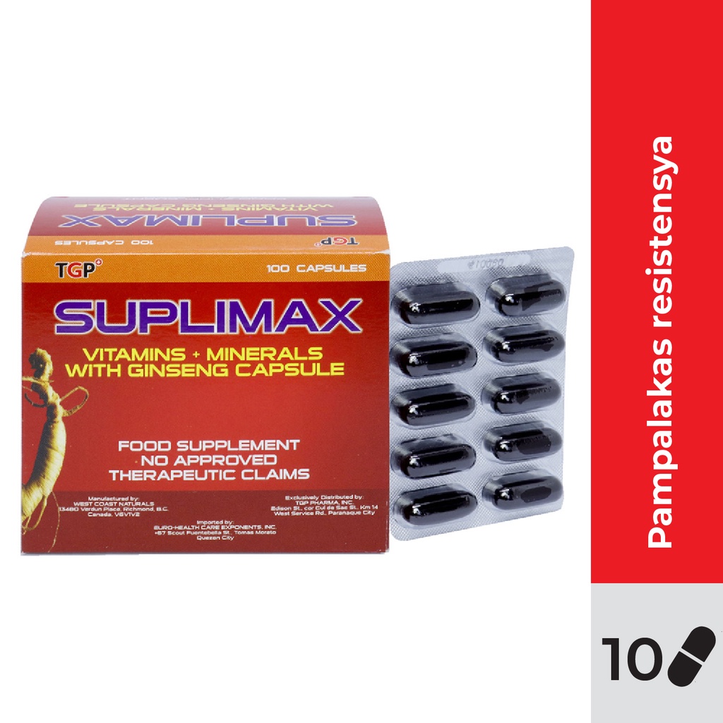 TGP Suplimax Vitamins + Minerals + Ginseng Capsule 10 Pcs/pack Shopee