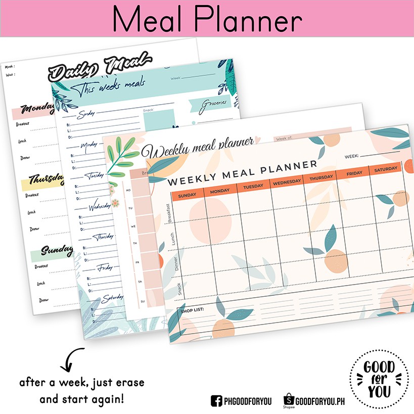 Reusable Meal Planner A4 Size (Laminated) Daily Weekly Food Plan