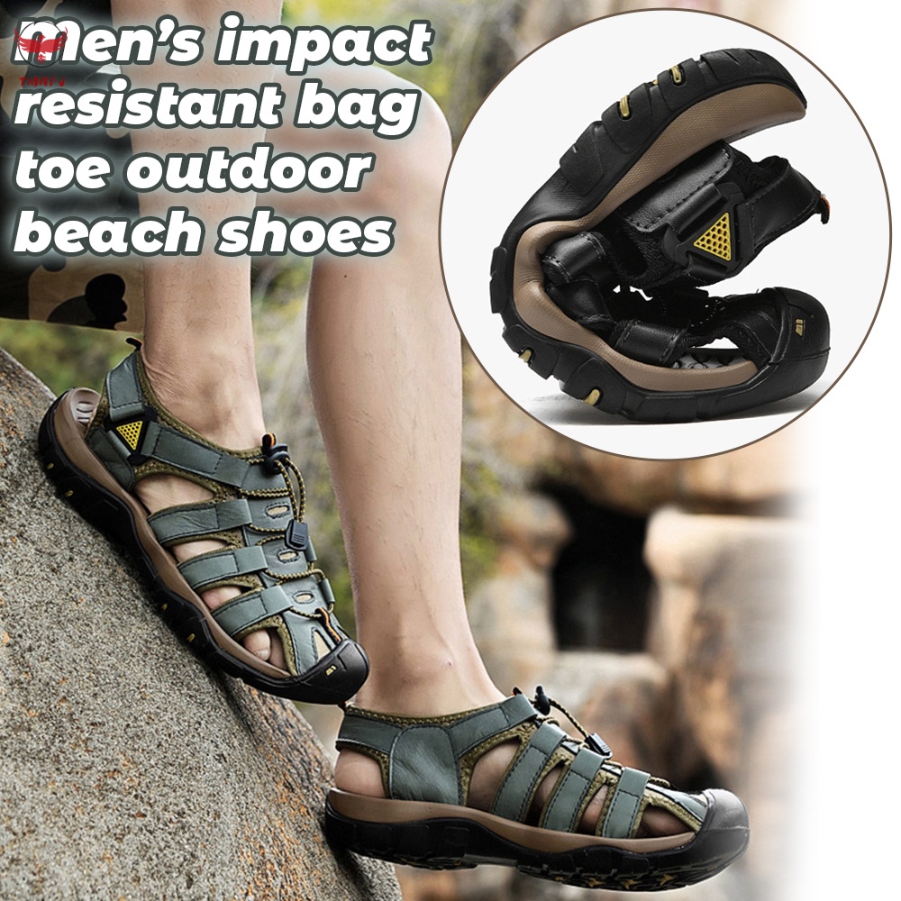 Mens Outdoor Sandals Summer Leather Walking Shoes Closed-Toe Adjustable Rubber Sole Non-Slip Durable Sports Sandal 
