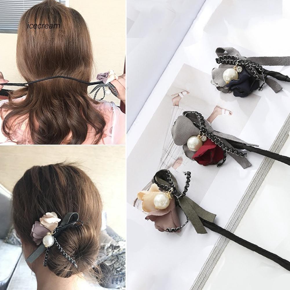 Iccm Women Fashion Faux Pearl Flowers Donut Bun Maker Headband