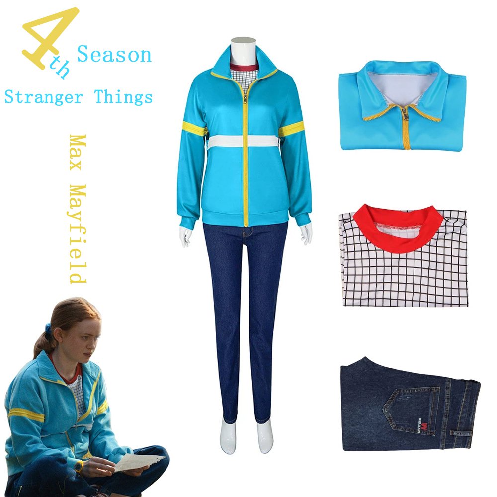 New Stranger Things Season 4 Max Mayfield Cosplay Costume Blue Sweater Jeans T-shirt Uniform Eleven 