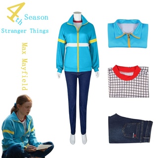 New Stranger Things Season 4 Max Mayfield Cosplay Costume Blue Sweater Jeans T-shirt Uniform Eleven  #1