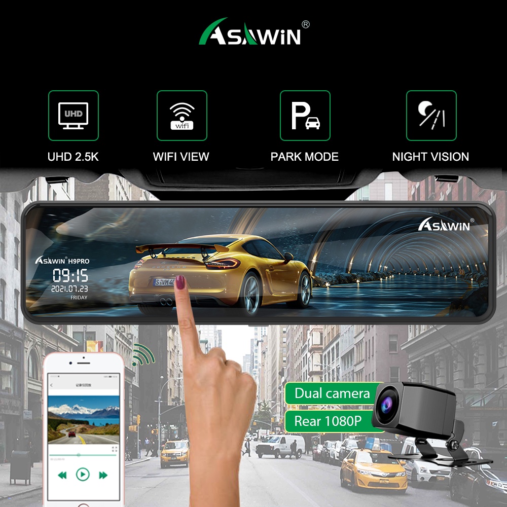 Asawin H9PRO UHD 2K WIFI Rear View Mirror Dash Cam For Car Camera Dual