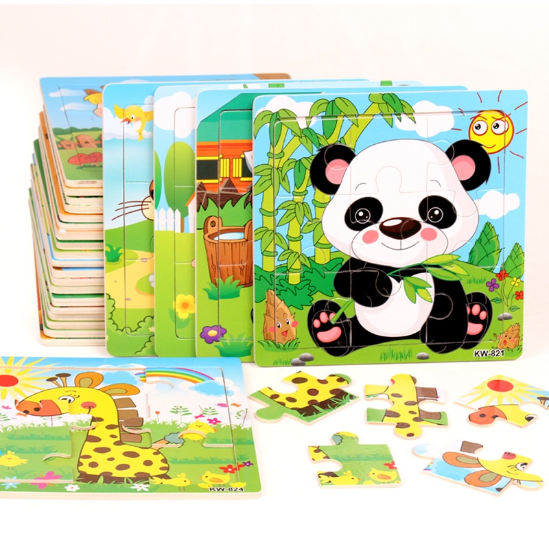 Wooden Toy 9 Piece Puzzles Cartoon Cute Animals 1 2 3 Year Old Children ...