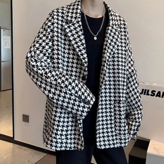 Houndstooth suit jacket men s ins trendy high-end hair stylist brand black and white checkered oversize