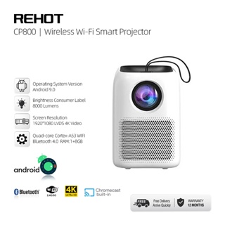 【Full HD 1080P】Rehot 4K Ultra-high-definition Projector CP800 Native 1920*1080P Resolution 6500 Lumens LED Video Mini Projector Smart Android 9.0 Wifi Home Theater