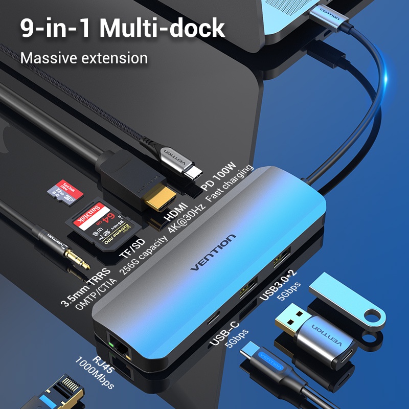 Vention USB C Hub Type C to HDMI USB3.0 RJ45 PD 100W Hub Adapter 9 in 1 USB  C HUB Dock For Macbook Pro Air | Shopee Philippines