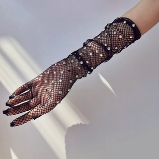 1Pc Women Sexy Elastic Rhinestones Mesh Full Finger Gloves Flash Diamond Fishing Net Punk Nightclub