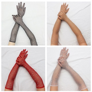 Black White Red Long Mesh Gloves With Rhinestones Hollow Fishing Net Women's Gloves Finger Fancy Cosplay Fishnet Gloves