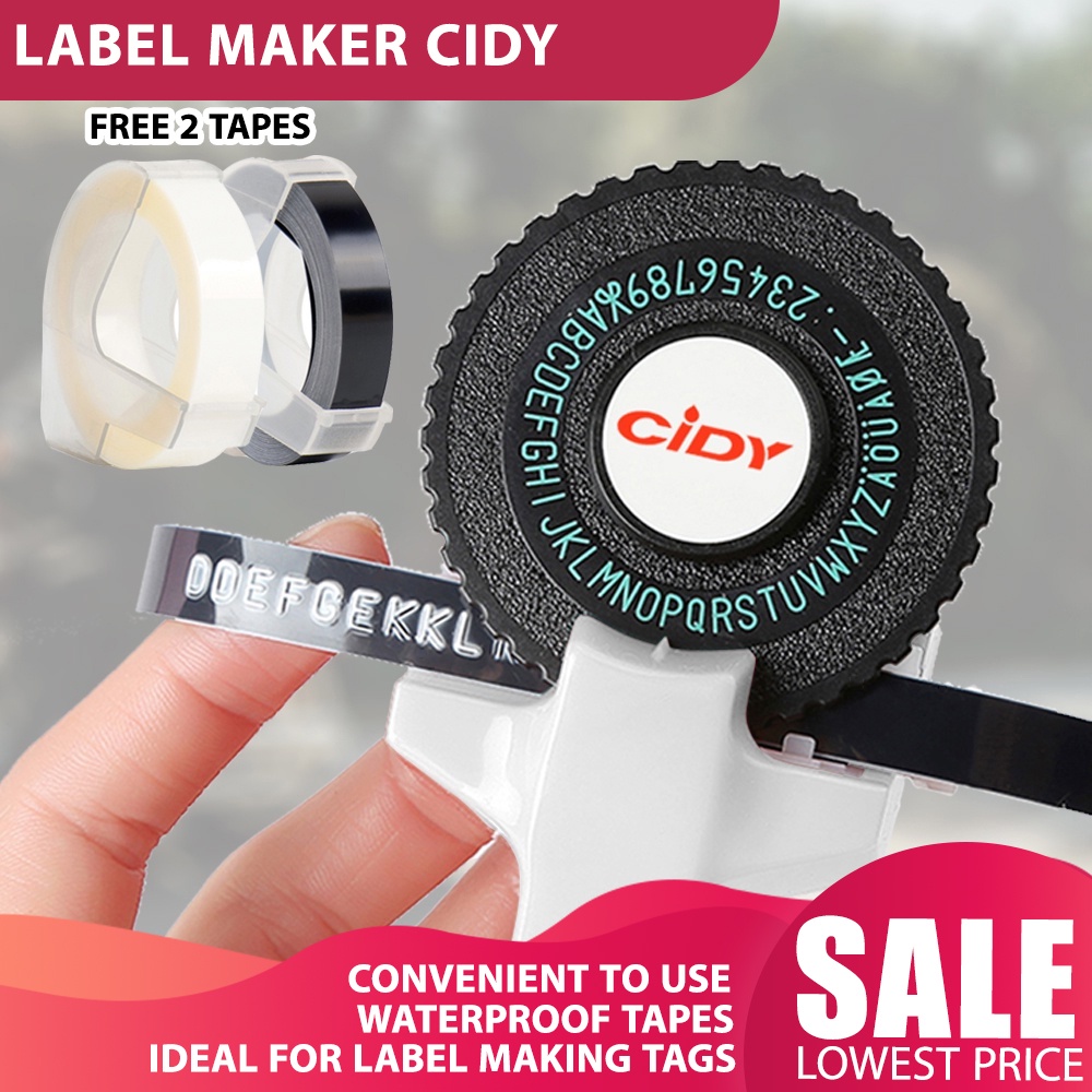 Label Maker Cidy with FREE 2 TAPES (9mm x 3mtrs) Manual Typewriter Tape
