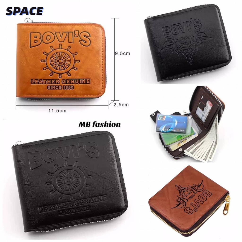 Space. Bovi's Brown Random Design Leather Men's Bifold Wallet with Large Zipper Security ````W-17