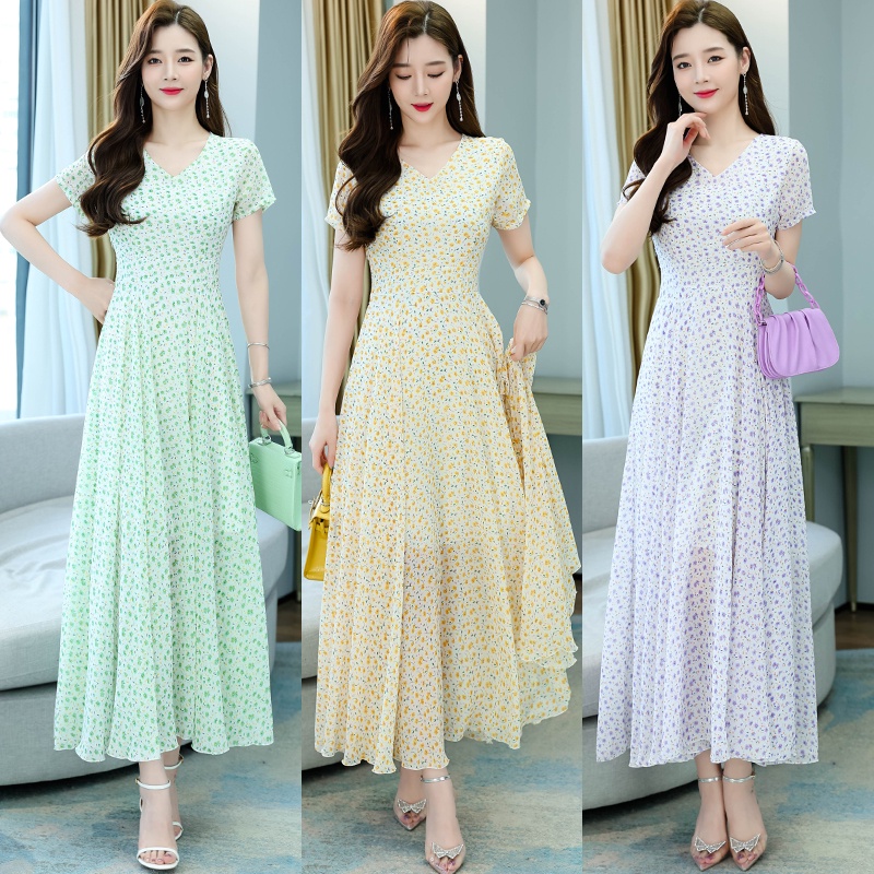 2023 White Floral Chiffon Light Maxi Dress Women Elegant Casual Boho Beach Sundress Summer Korean Vi