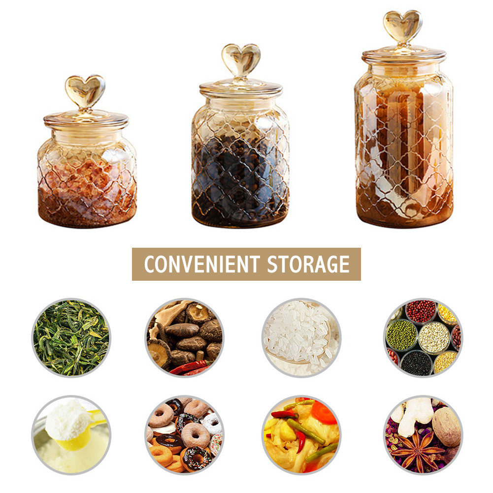 Transparent Heart Shaped Lid Glass Container Amber Glass Sealed Jars Coffee Bean Kitchen Food S 24Z