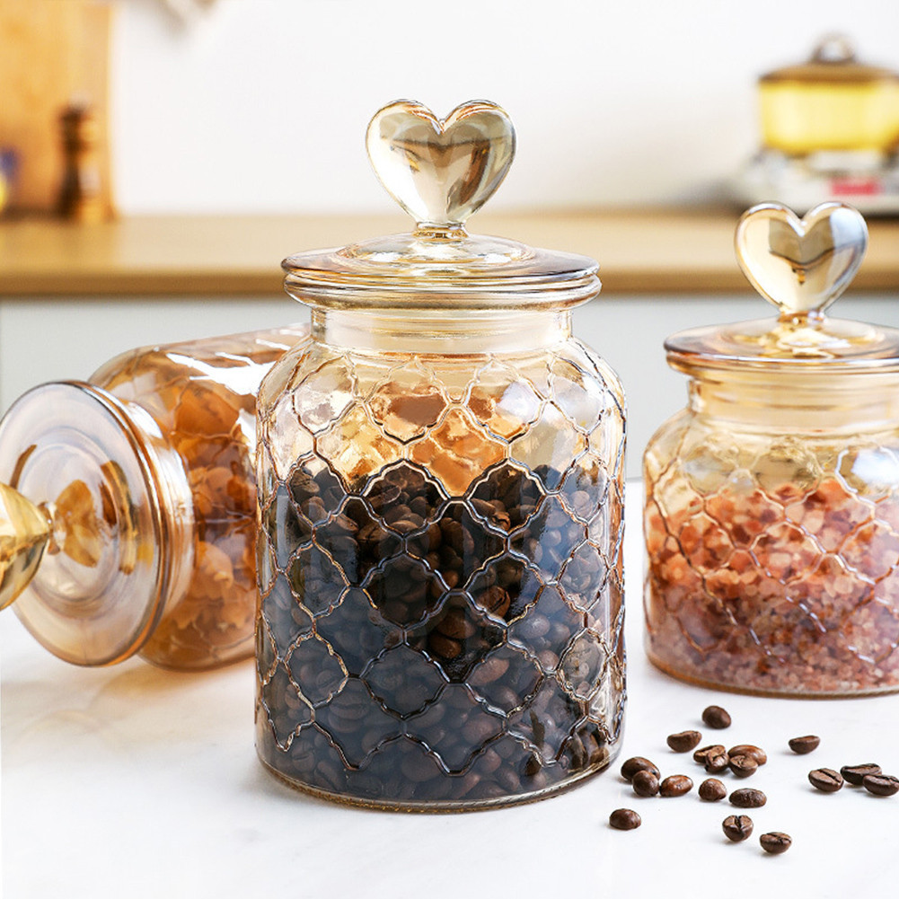Transparent Heart Shaped Lid Glass Container Amber Glass Sealed Jars Coffee Bean Kitchen Food S 24Z - Image 4