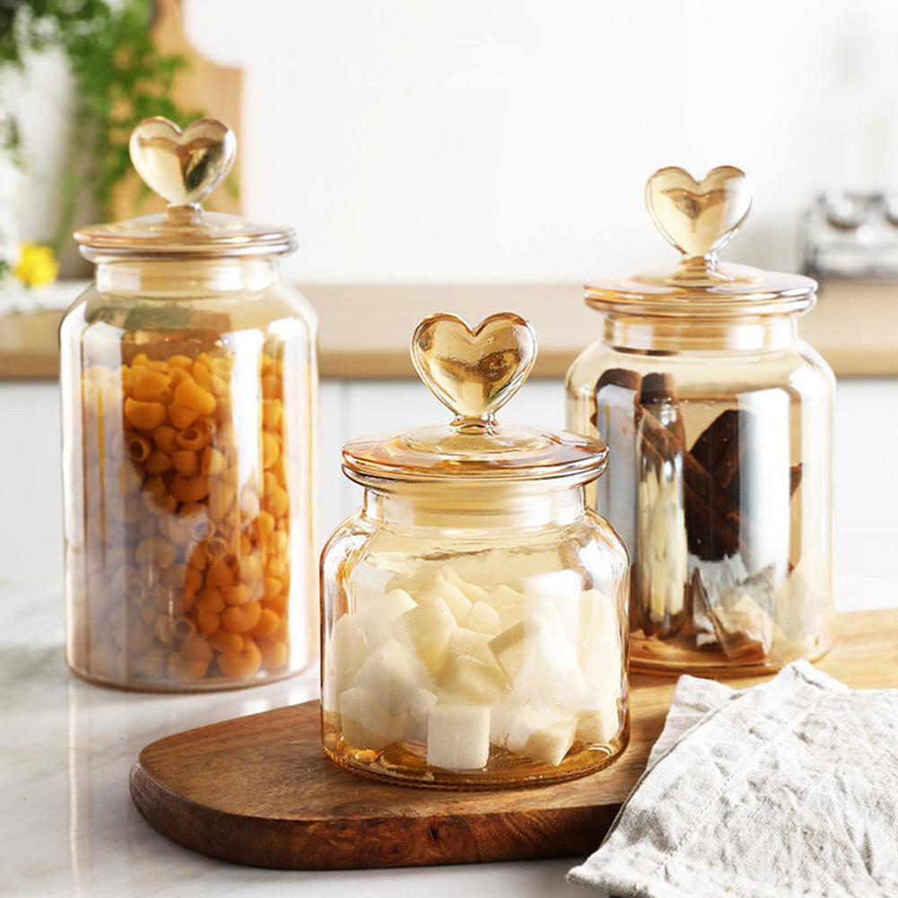 Transparent Heart Shaped Lid Glass Container Amber Glass Sealed Jars Coffee Bean Kitchen Food S 24Z - Image 2