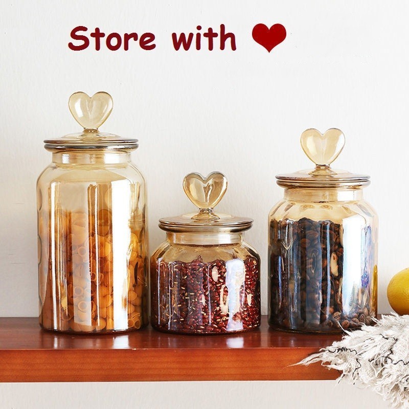 Transparent Heart Shaped Lid Glass Container Amber Glass Sealed Jars Coffee Bean Kitchen Food S 24Z - Image 3