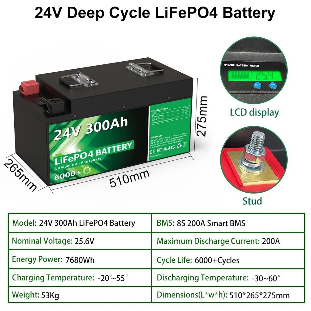 LiFePO4 24V 300Ah 200Ah 100Ah Battery Pack 25.6V 7680Wh Grade A 6000+ Cycles RV Golf Cart Boat - CKS - Image 4