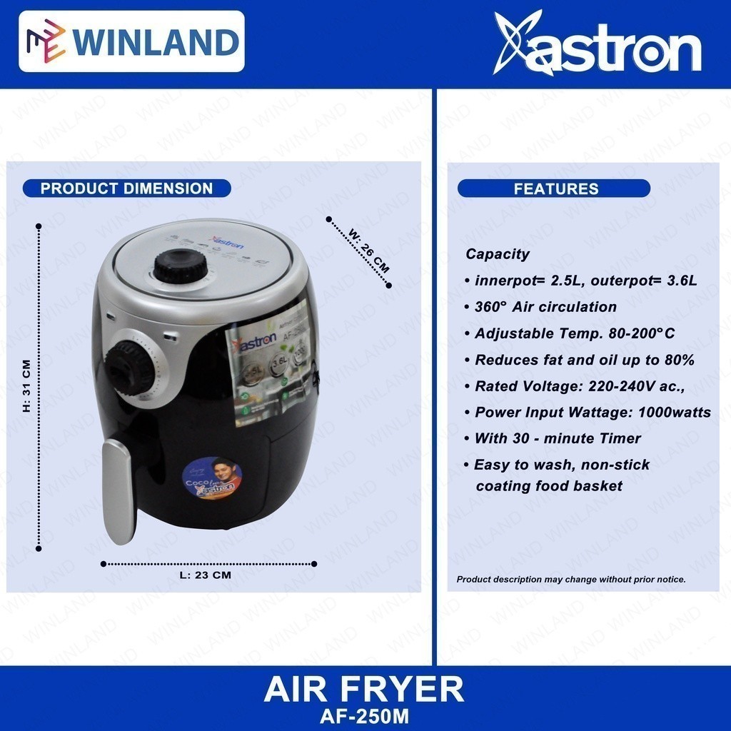 Astron by Winland 2.5L Non-Stick Air Fryer Compact Design AF-250M - Image 5