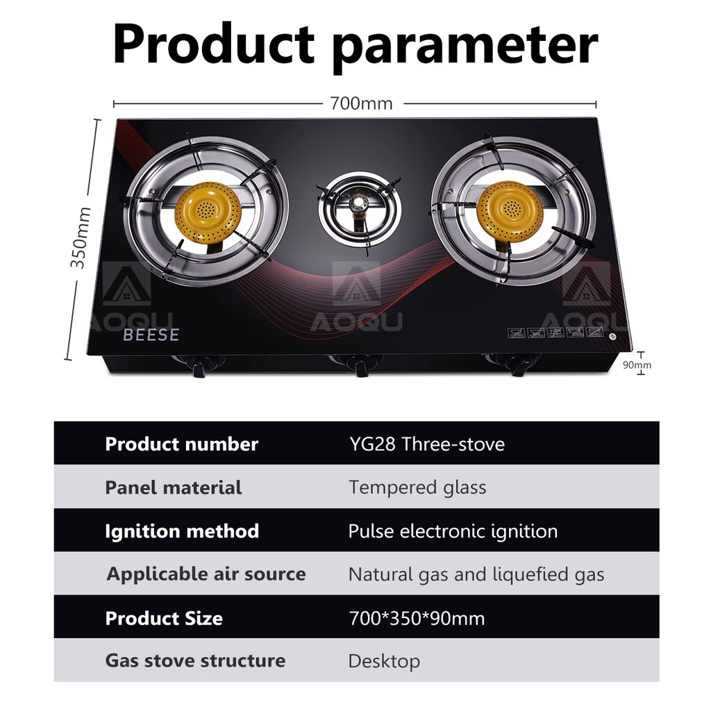Three-burner=I{gas%rv!stove,]tC}stainless}t>steel}O)body,>V}tempered)q>glass}J)surface, electronic