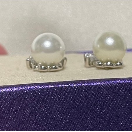 Freshwater Pearl Stud Earrings | Marquise Diamond Accent Cluster | Platinum Setting product photo 2