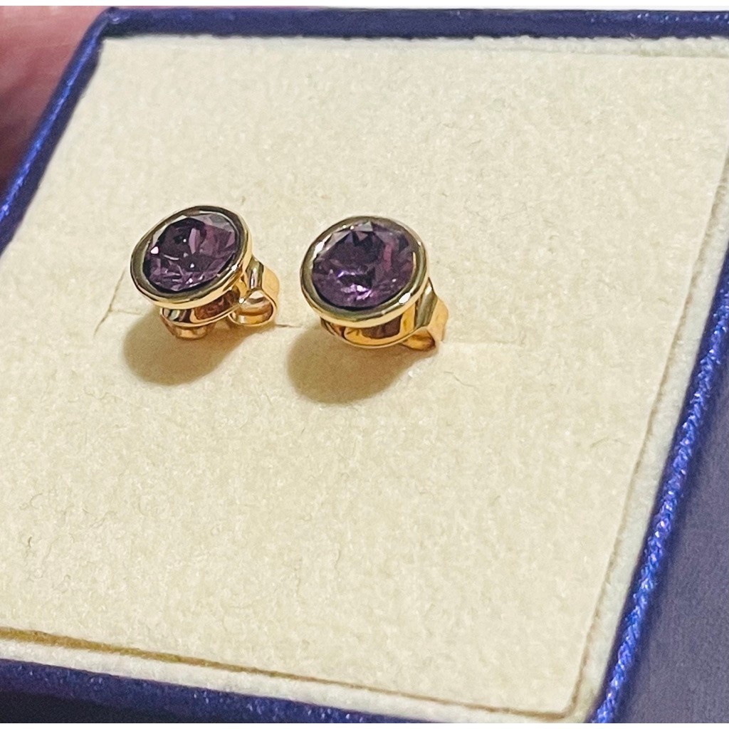 Amethyst Bezel Stud Earrings | Round-Cut Purple Stone | Champagne Gold Setting product photo 3