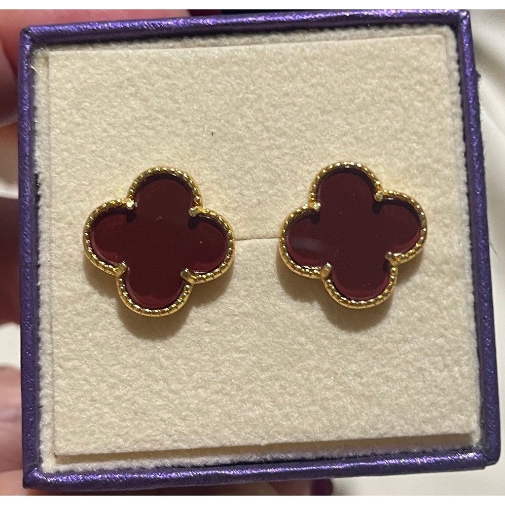 Clover Stud Earrings | Maroon Stone | 18K Gold Setting | 15mm product photo 1